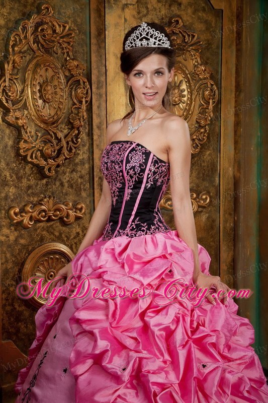 Rose Pink Strapless Embroidery Taffeta Dress for Sweet 15