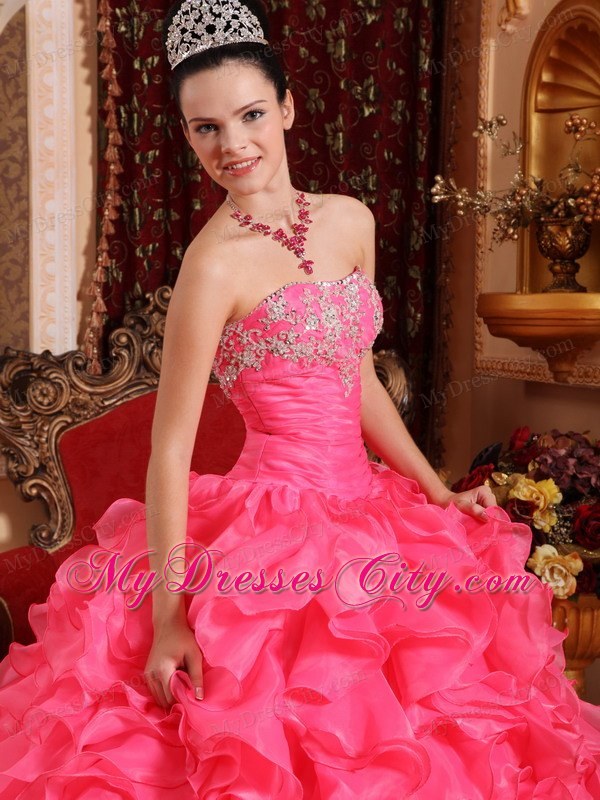 Hot Pink Ball Organza Sweet 15 Dresses with Beading and Appliques