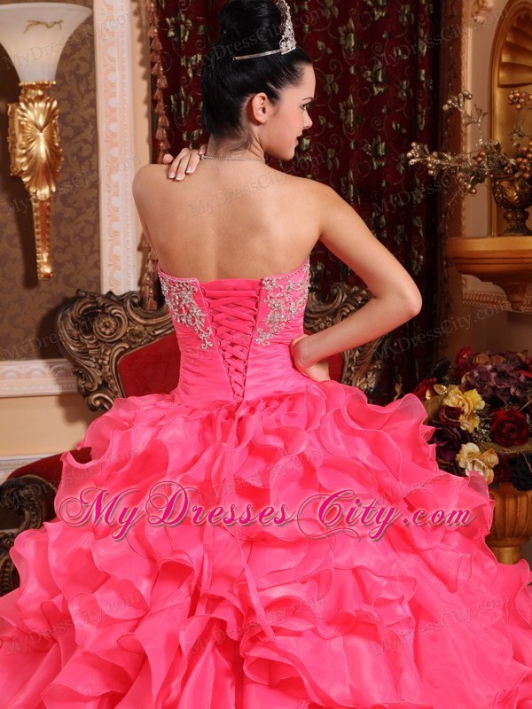 Hot Pink Ball Organza Sweet 15 Dresses with Beading and Appliques