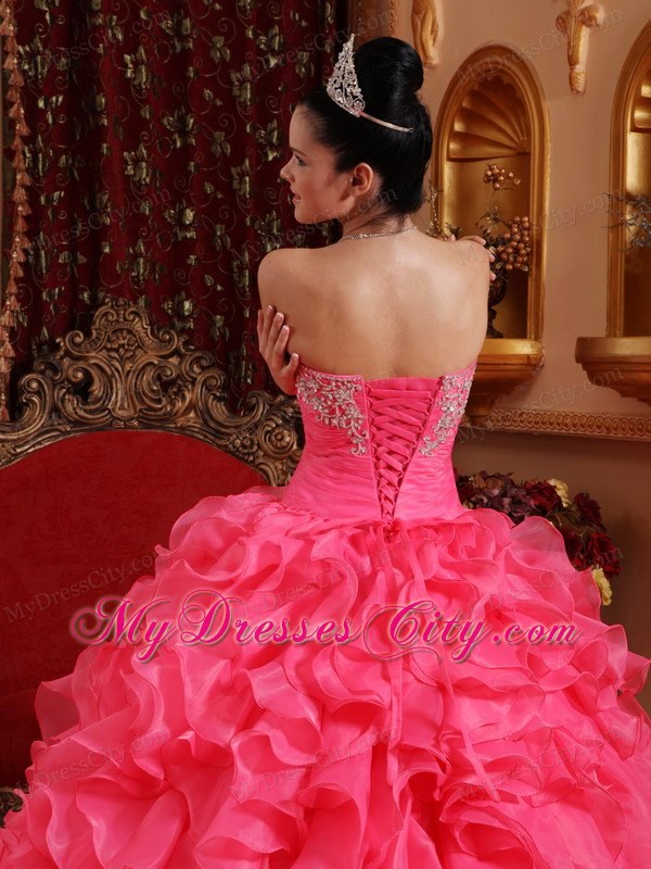 Hot Pink Ball Organza Sweet 15 Dresses with Beading and Appliques