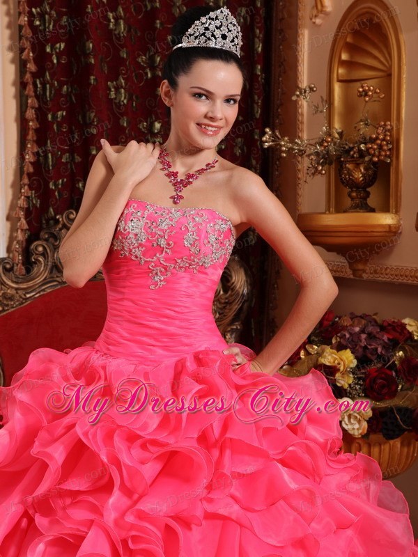 Hot Pink Ball Organza Sweet 15 Dresses with Beading and Appliques