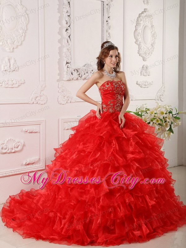 Red Organza Ruffles And Embroidery Brush Train Quinceanera Dress