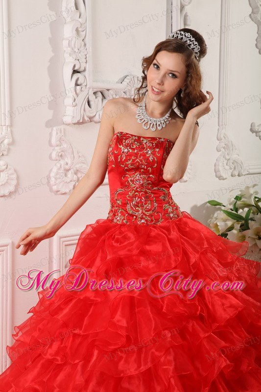 Red Organza Ruffles And Embroidery Brush Train Quinceanera Dress