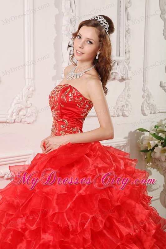 Red Organza Ruffles And Embroidery Brush Train Quinceanera Dress