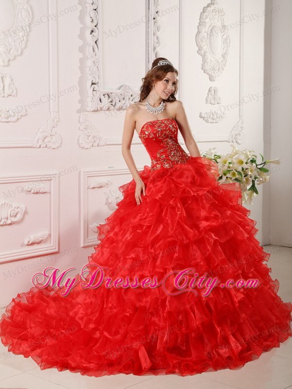 Red Organza Ruffles And Embroidery Brush Train Quinceanera Dress