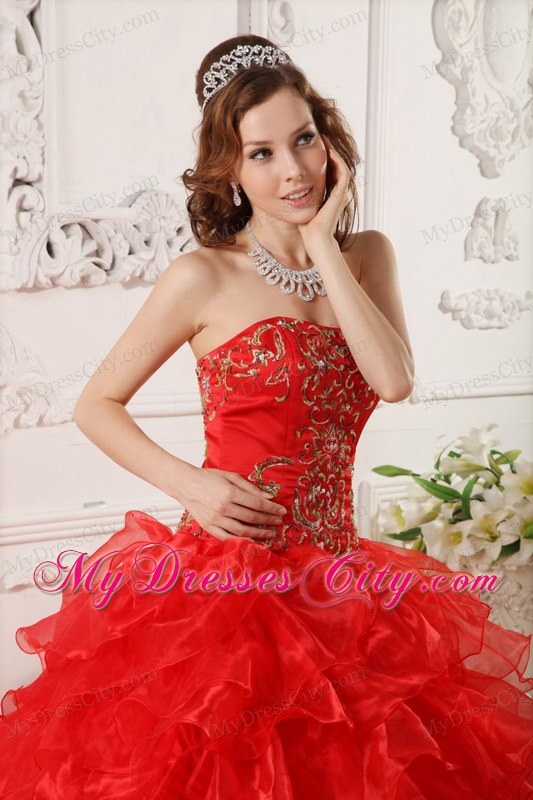 Red Organza Ruffles And Embroidery Brush Train Quinceanera Dress