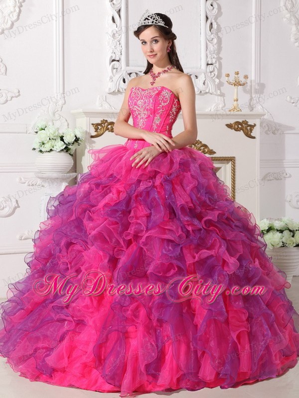 Hot Pink and Purple Sweetheart Embroidery Quinceanera Dress