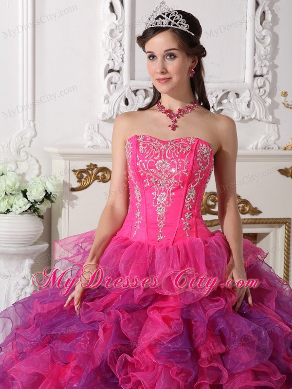 Hot Pink and Purple Sweetheart Embroidery Quinceanera Dress