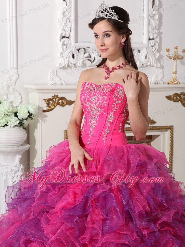 Hot Pink and Purple Sweetheart Embroidery Quinceanera Dress