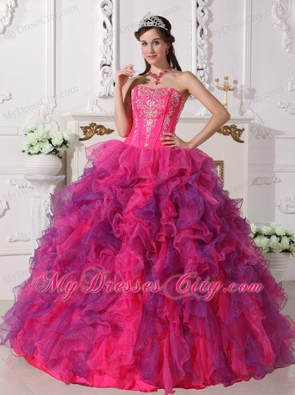 Hot Pink and Purple Sweetheart Embroidery Quinceanera Dress