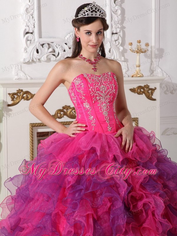 Hot Pink and Purple Sweetheart Embroidery Quinceanera Dress