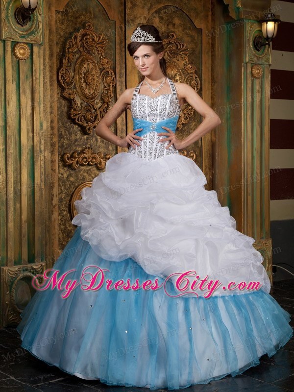 White and Blue Princess Halter Beading Quinceanera Dress