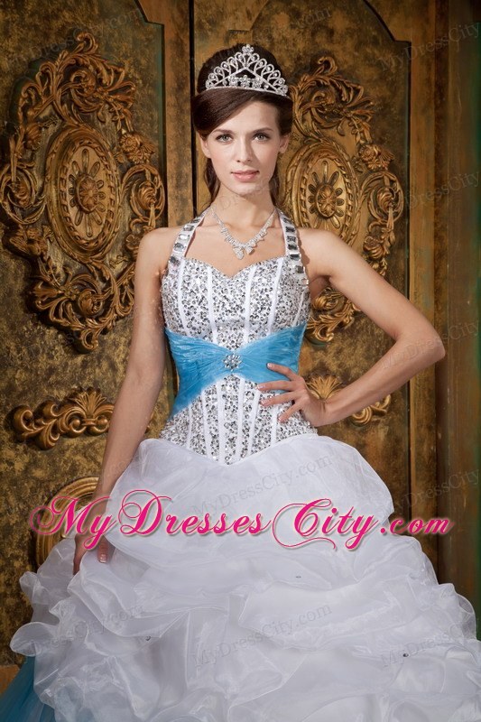 White and Blue Princess Halter Beading Quinceanera Dress