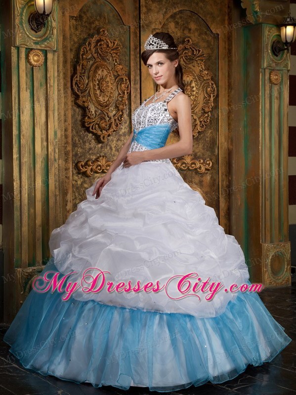 White and Blue Princess Halter Beading Quinceanera Dress