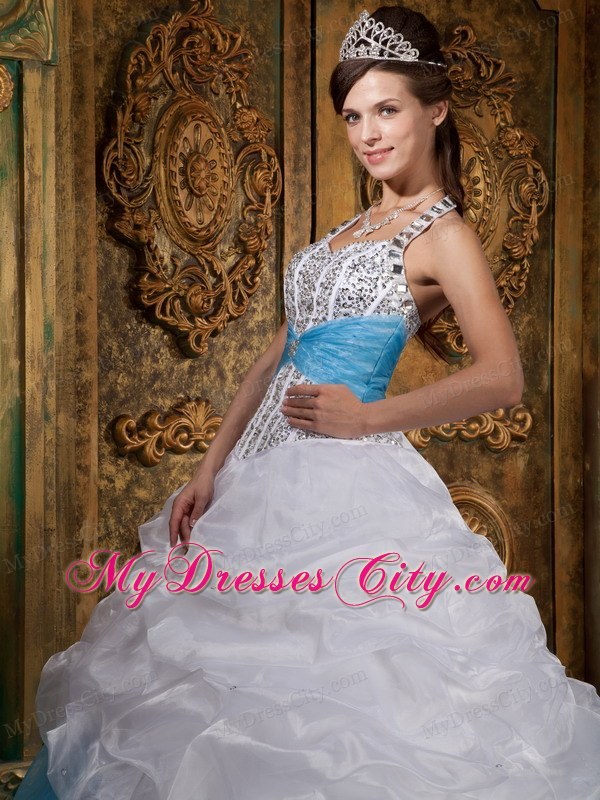 White and Blue Princess Halter Beading Quinceanera Dress