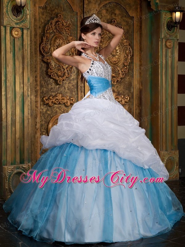 White and Blue Princess Halter Beading Quinceanera Dress