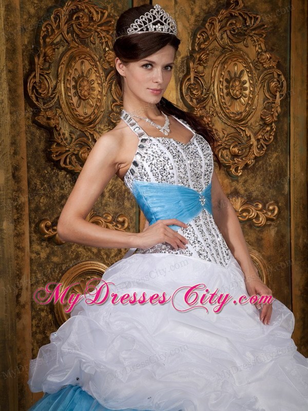 White and Blue Princess Halter Beading Quinceanera Dress