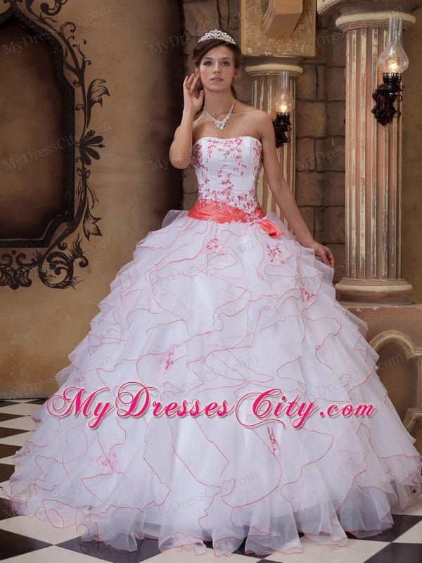 White Strapless Full-length Organza Embroidery Dress for Quince