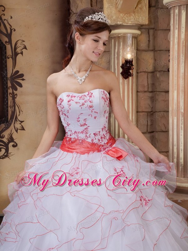 White Strapless Full-length Organza Embroidery Dress for Quince