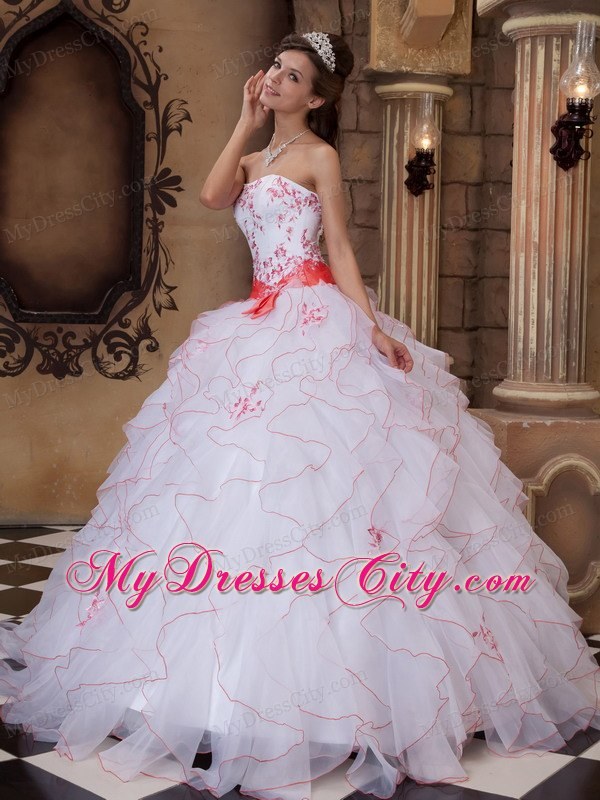 White Strapless Full-length Organza Embroidery Dress for Quince