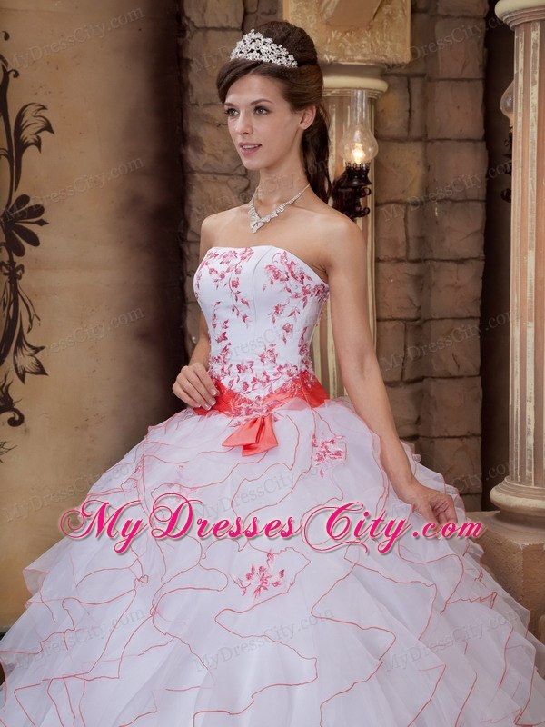 White Strapless Full-length Organza Embroidery Dress for Quince