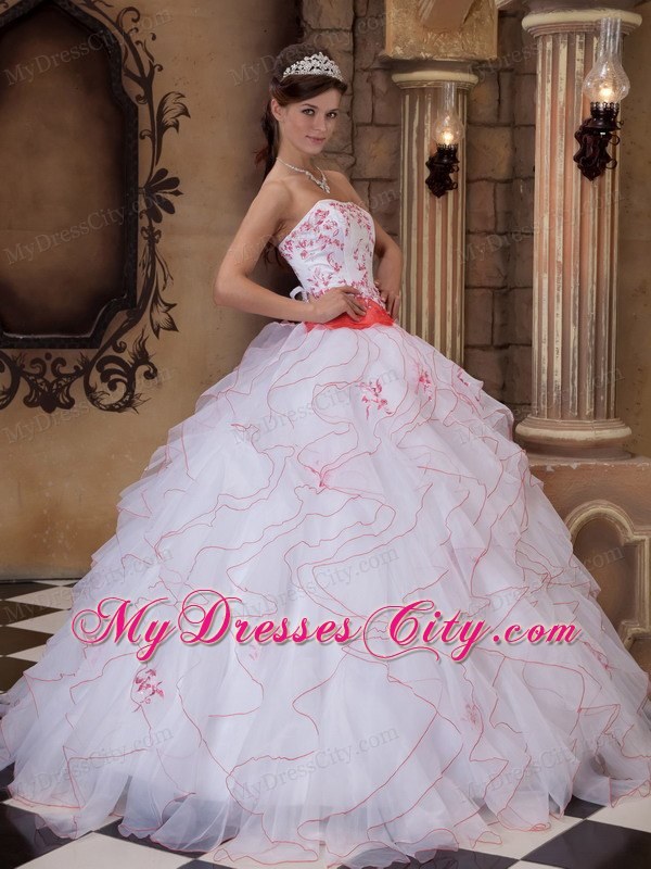 White Strapless Full-length Organza Embroidery Dress for Quince