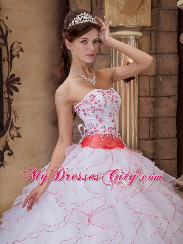 White Strapless Full-length Organza Embroidery Dress for Quince