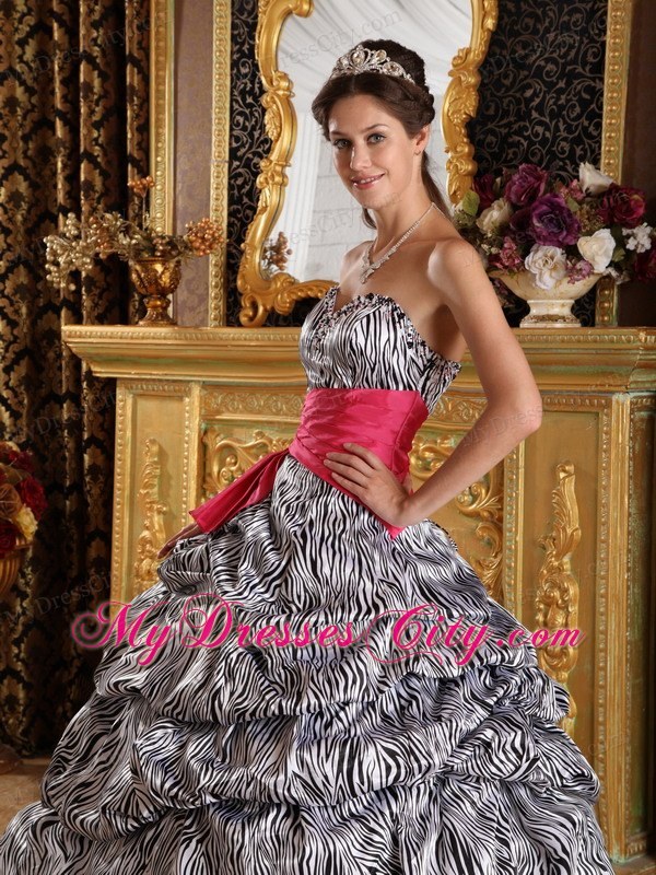 Popular Sweetheart Zebra Quinceanera Dress with Hot Pink Sash