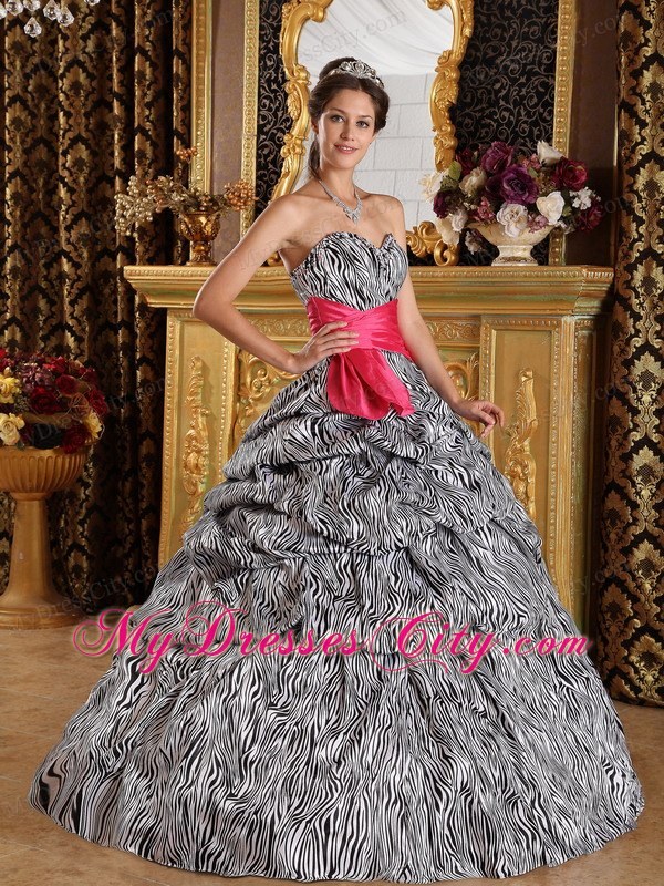 Popular Sweetheart Zebra Quinceanera Dress with Hot Pink Sash