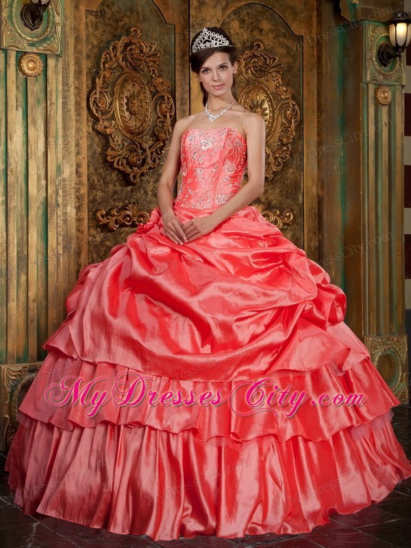 Watermelon Strapless Ball Gown Beading Sweet sixteen dresses