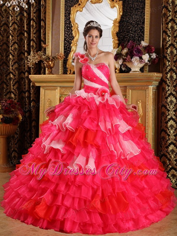 Flower Decorate One Shoulder Organza Quinceanera Dress