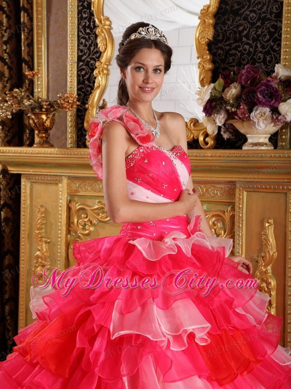 Flower Decorate One Shoulder Organza Quinceanera Dress