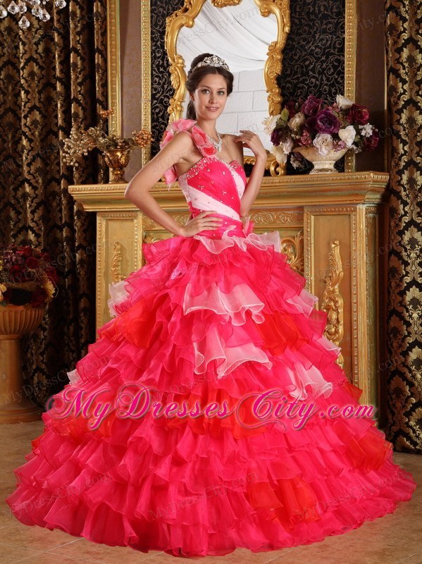 Flower Decorate One Shoulder Organza Quinceanera Dress