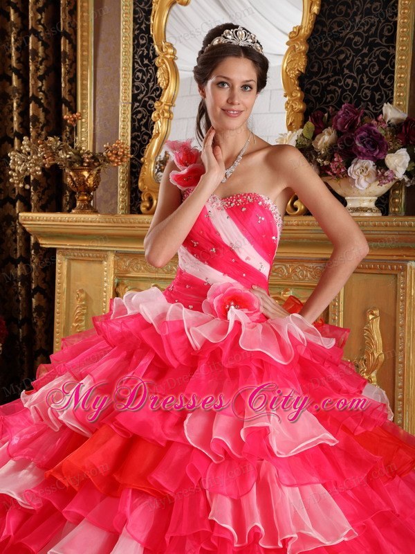 Flower Decorate One Shoulder Organza Quinceanera Dress