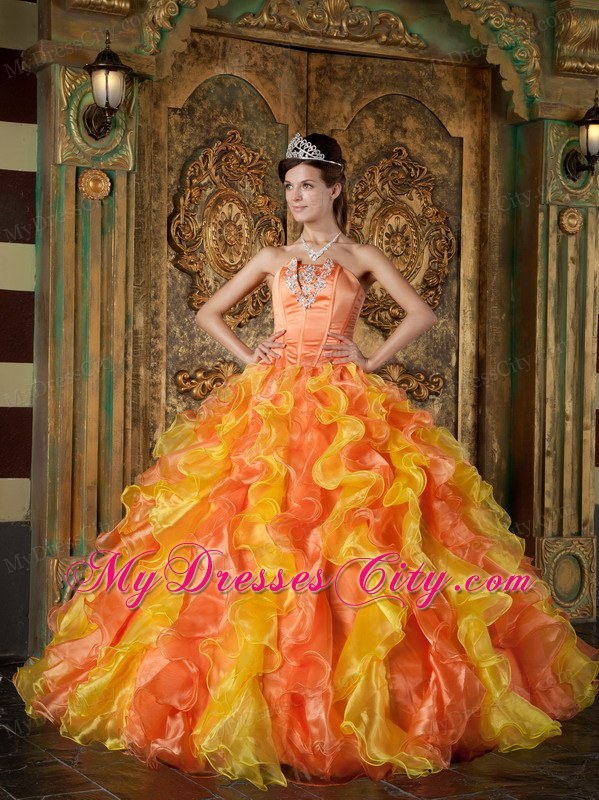 Two-toned Orange Strapless Organza Ruffled Dress for Quince