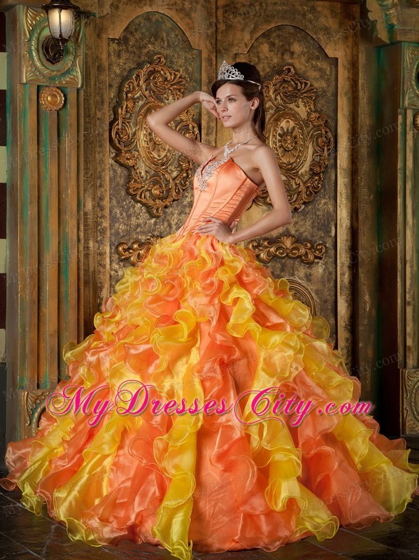 Two-toned Orange Strapless Organza Ruffled Dress for Quince