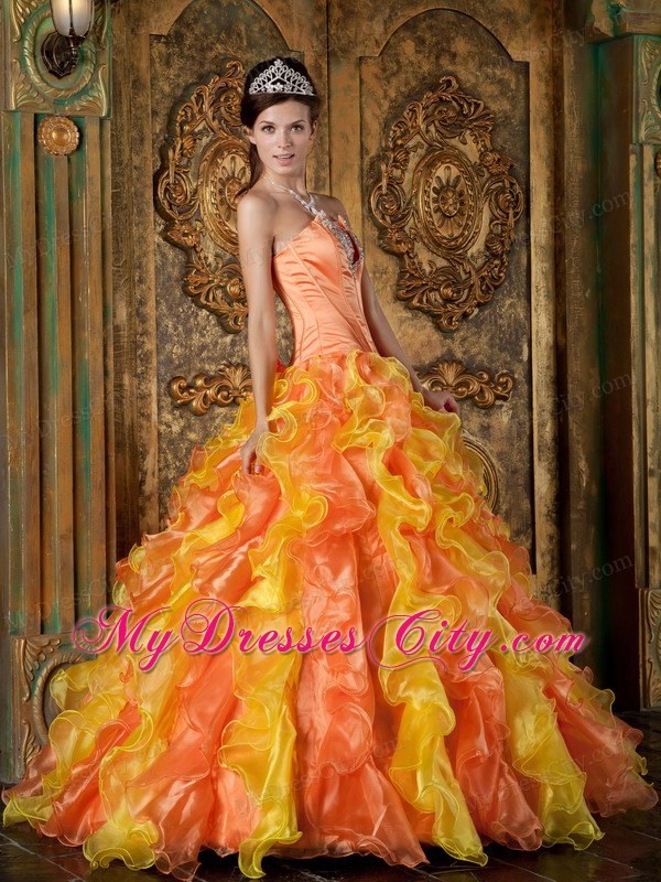 Two-toned Orange Strapless Organza Ruffled Dress for Quince