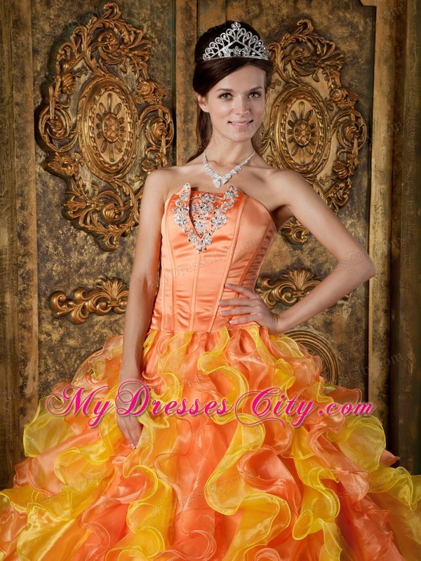 Two-toned Orange Strapless Organza Ruffled Dress for Quince