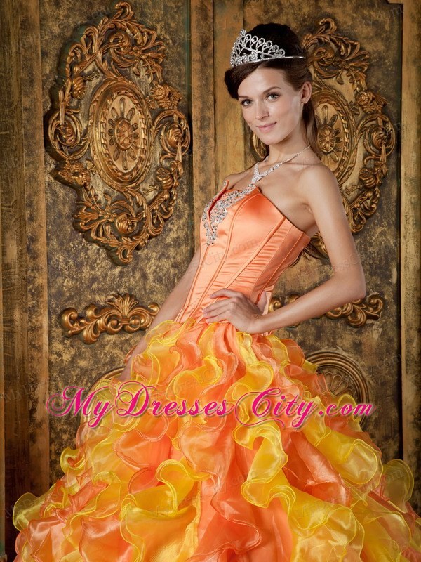 Two-toned Orange Strapless Organza Ruffled Dress for Quince