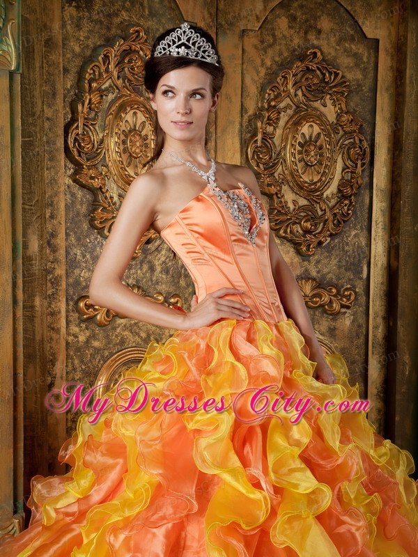 Two-toned Orange Strapless Organza Ruffled Dress for Quince