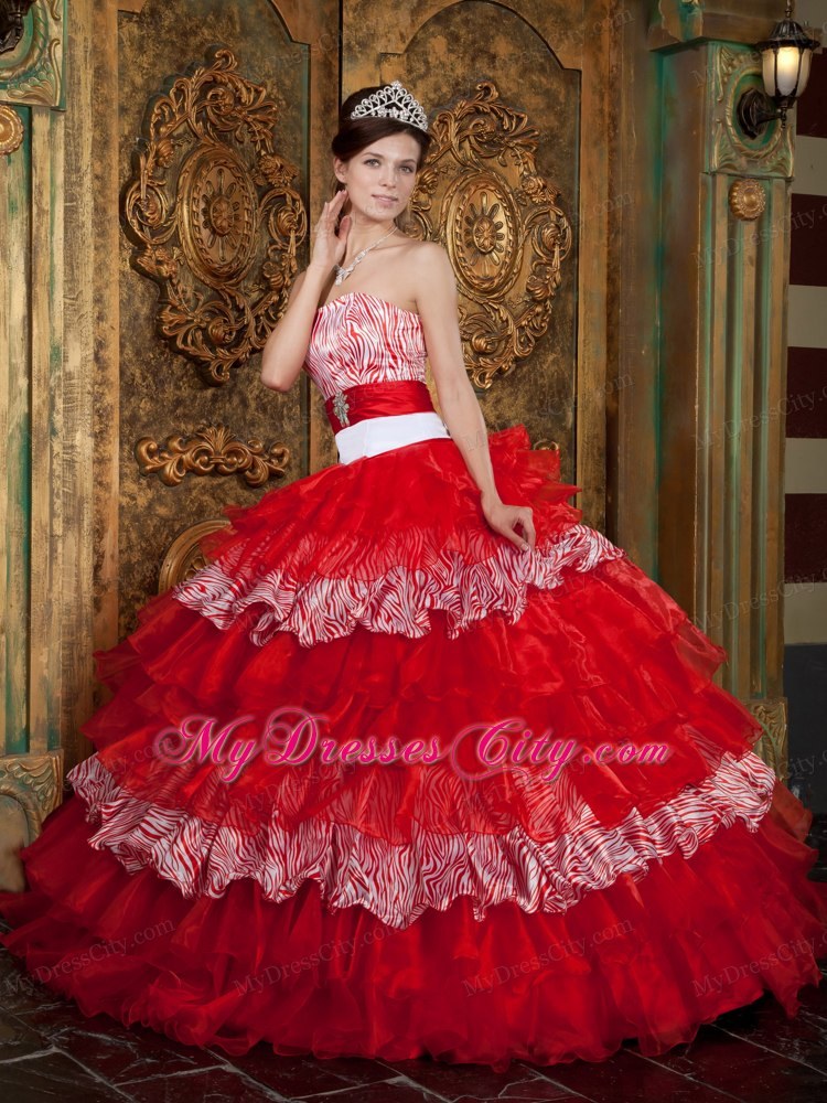 Red Strapless Organza and Zebra Ruffled Dress for Sweet 15