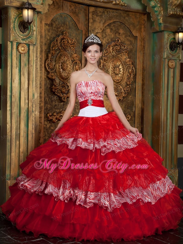 Red Strapless Organza and Zebra Ruffled Dress for Sweet 15