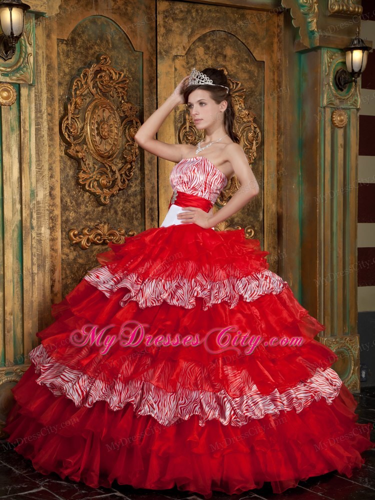 Red Strapless Organza and Zebra Ruffled Dress for Sweet 15