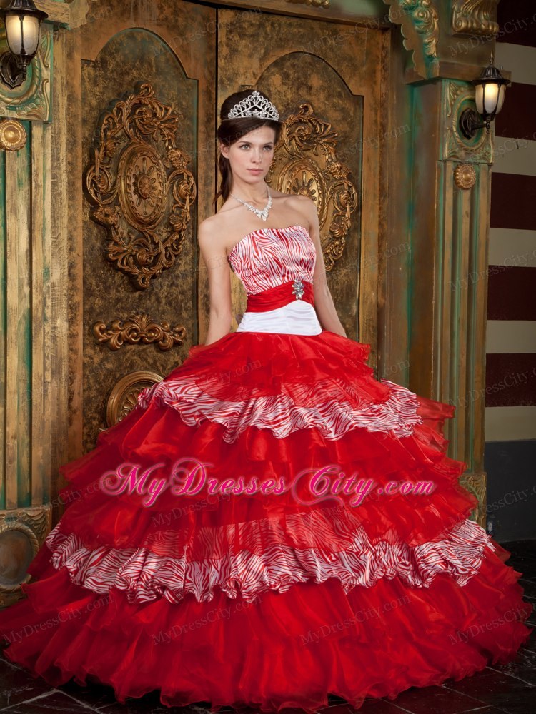 Red Strapless Organza and Zebra Ruffled Dress for Sweet 15