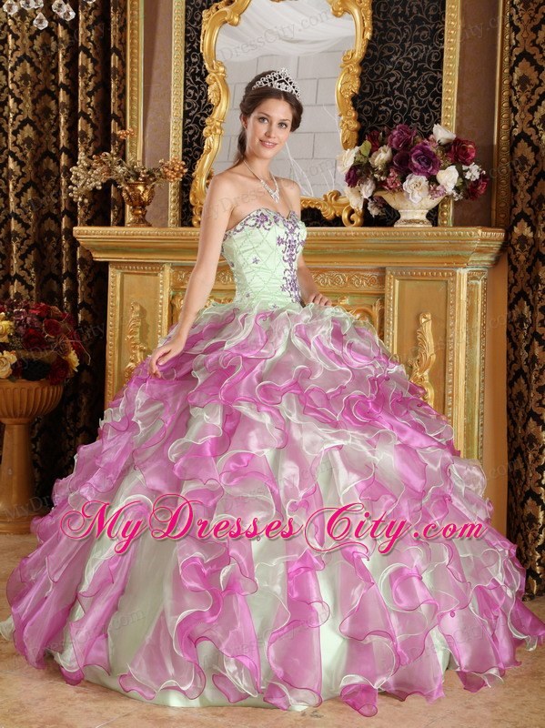 Fuchsia and Apple Green Organza Appliques Quinceanera Dress