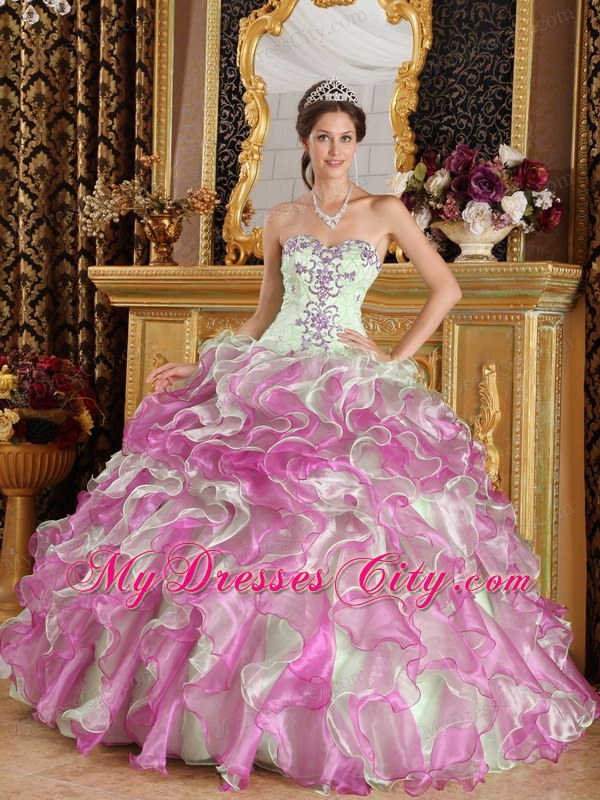 Fuchsia and Apple Green Organza Appliques Quinceanera Dress