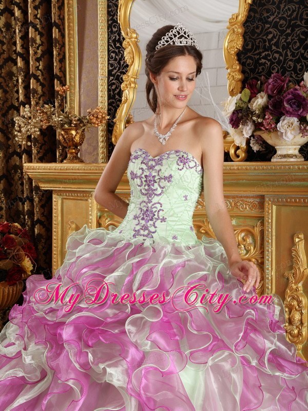 Fuchsia and Apple Green Organza Appliques Quinceanera Dress