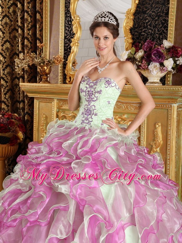 Fuchsia and Apple Green Organza Appliques Quinceanera Dress