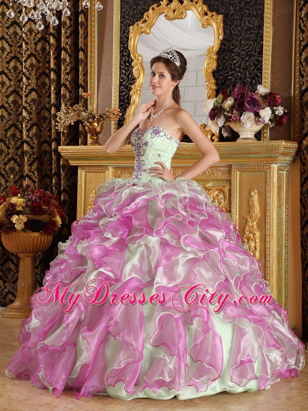 Fuchsia and Apple Green Organza Appliques Quinceanera Dress