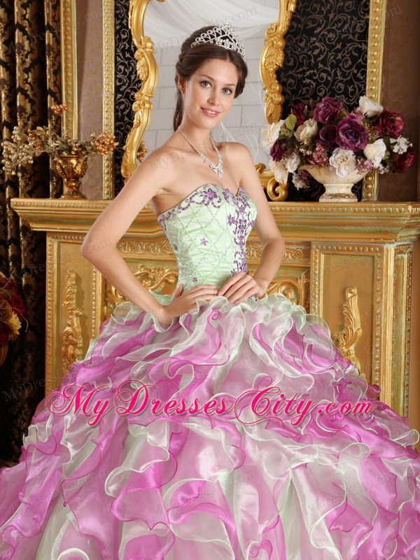 Fuchsia and Apple Green Organza Appliques Quinceanera Dress